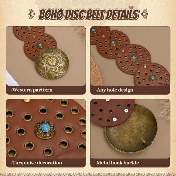 Western Faux Leather Belt for Women Boho Cowgirl Wide Disk Concho Style - Picture 6 of 7